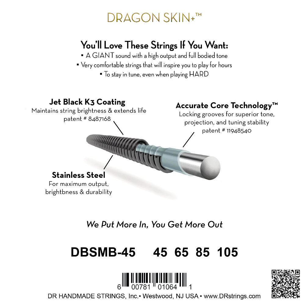 DR, BLACK DRAGON - Stainless Steel Bass Strings, Black coated: 4-String Medium 45-105, Tapered Multi-Scale - Image 3