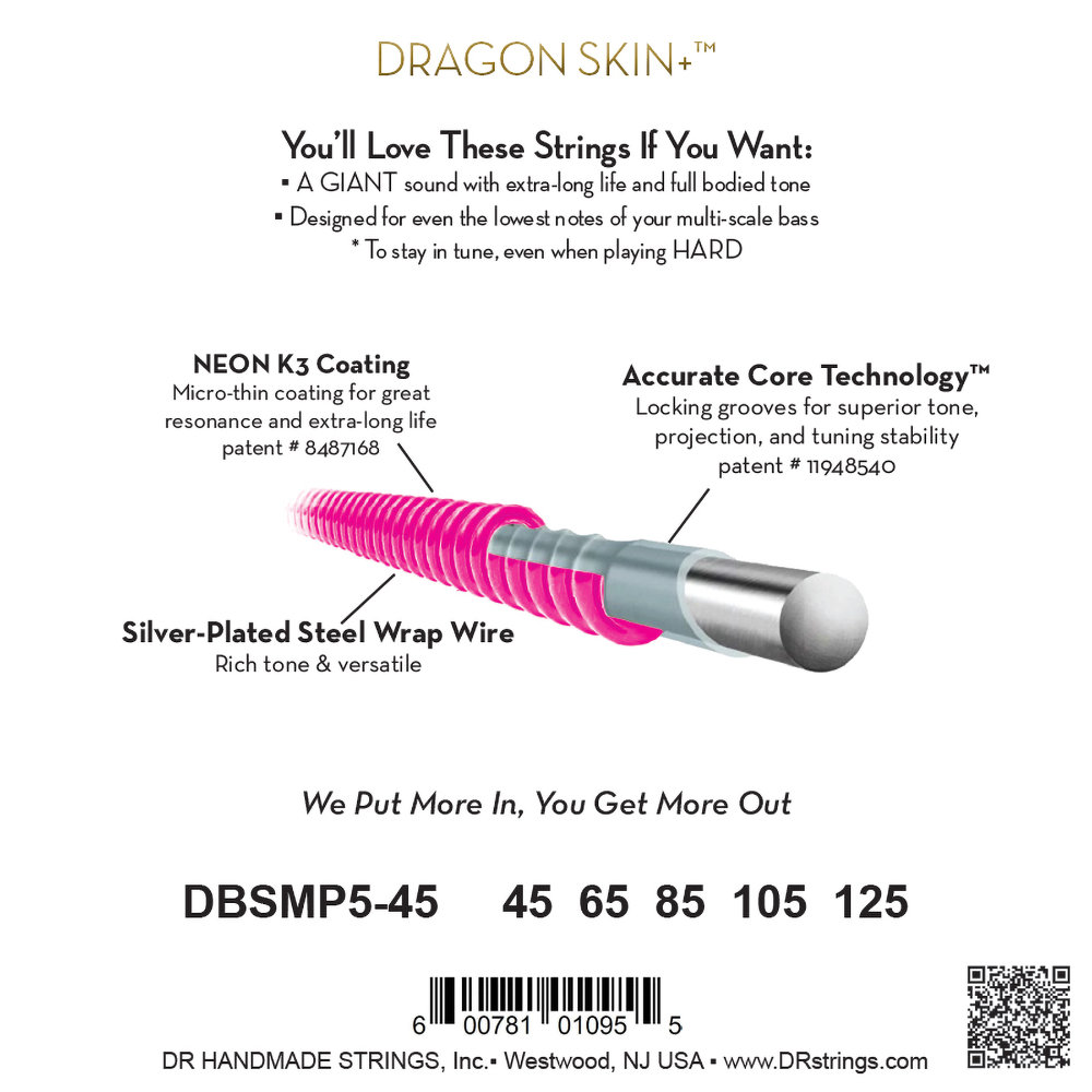 DR, PINK DRAGON - Stainless Steel Bass Strings, Pink coated: 5-String Medium 45-125, Tapered Multi-Scale - Image 3